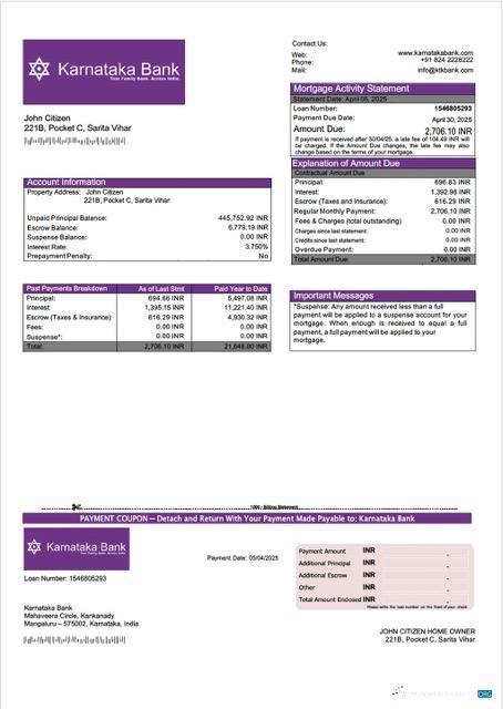 Download India Karnataka Bank mortgage statement Word and PDF template Photoshop template